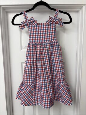Tahari Red, White & Blue Gingham Bow-Shoulder Dress